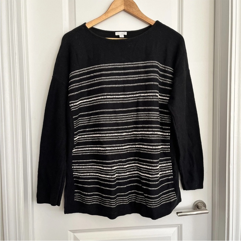 J. Jill Wool Blend Sweater Womens Black Striped Pullover Embroidered Knit Size M